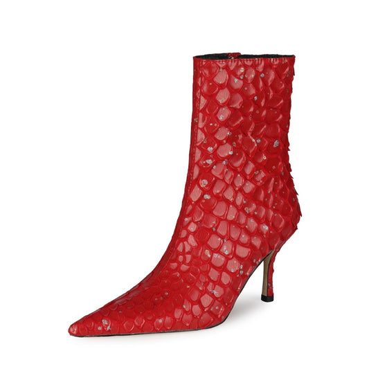 Fish Scale Pattern Thin Heel Pointed Toe Ankle Boots