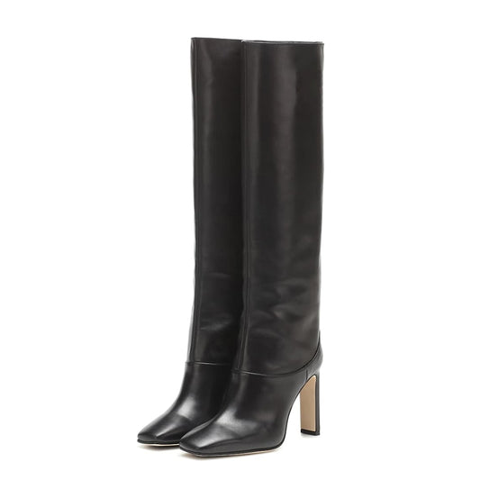 Knee High Pointed Toe Boots w/ Gold Square Heel