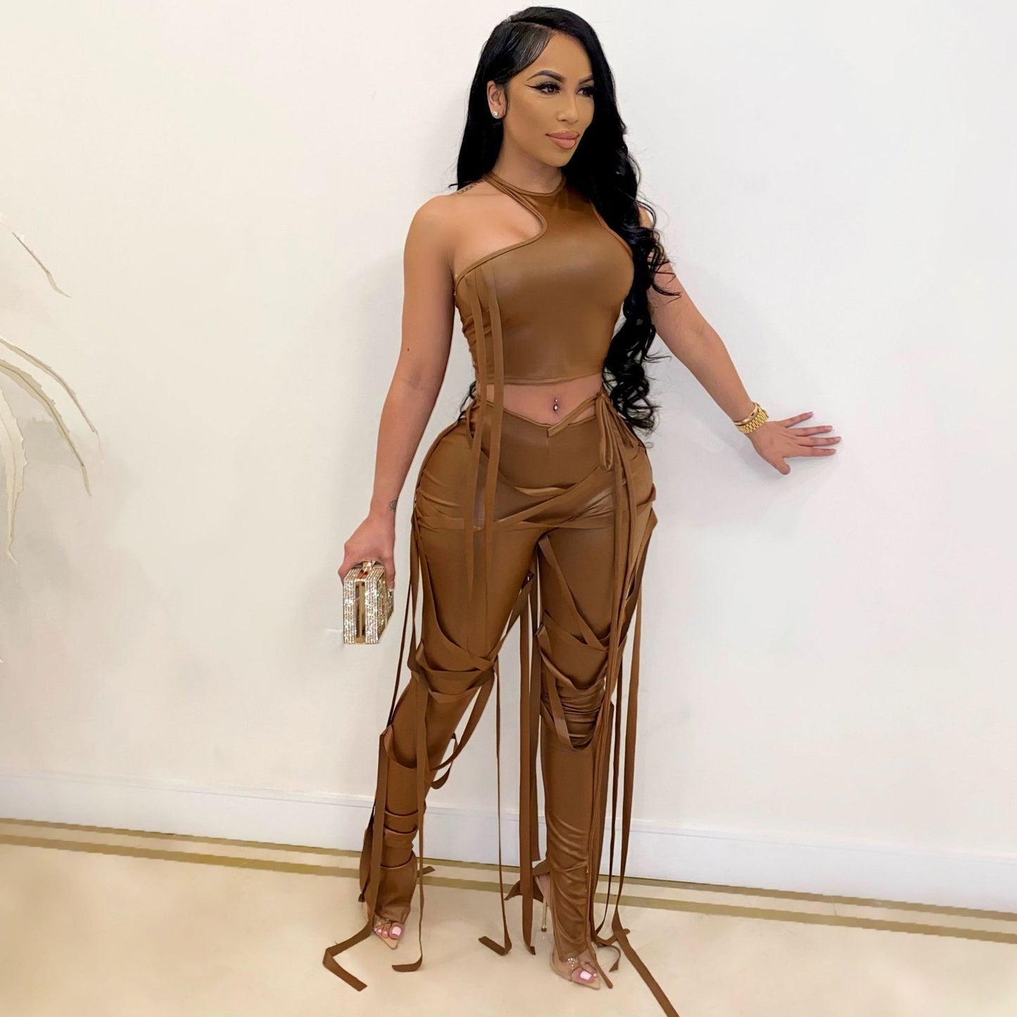 Asymmetrical Solid PU Leather Bandage One Shoulder Crop Top + Lace-Up Tassel Fringe Slit Hem Pants 2-Piece Set