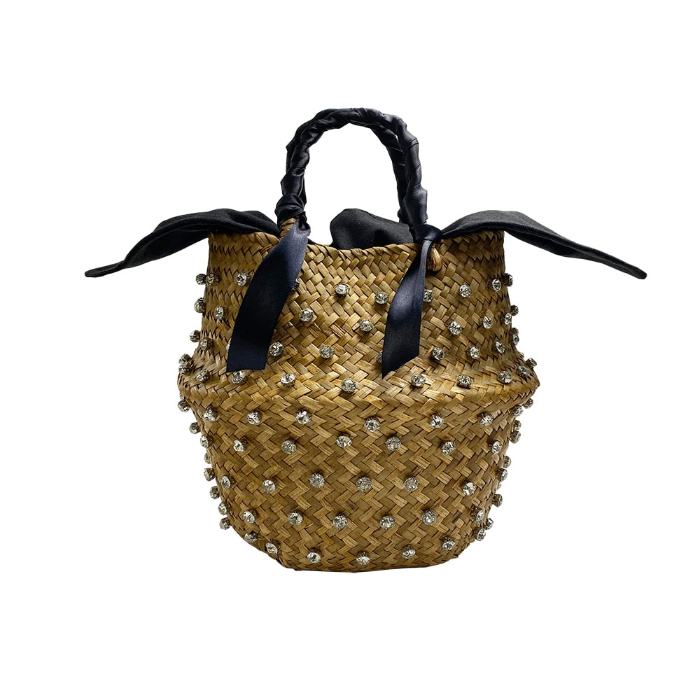 Handmade Crystal Woven Basket Diamond Clutch Straw Bag