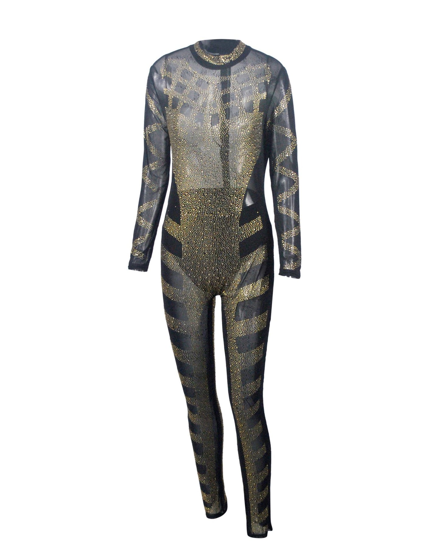 Rhinestone Sparkly Turtleneck Long Sleeve Mesh Sheer Jumpsuit