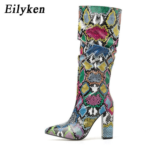 Pleated Colorful Snake Grain Knee High Pointed Toe Zipper Boots