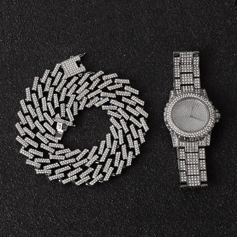 3-Piece Hip Hop Jewelry Sets: Bling Iced Out Miami Zircon Cuban Prong Pave Rhinestone Chain + Watch+ Bracelet