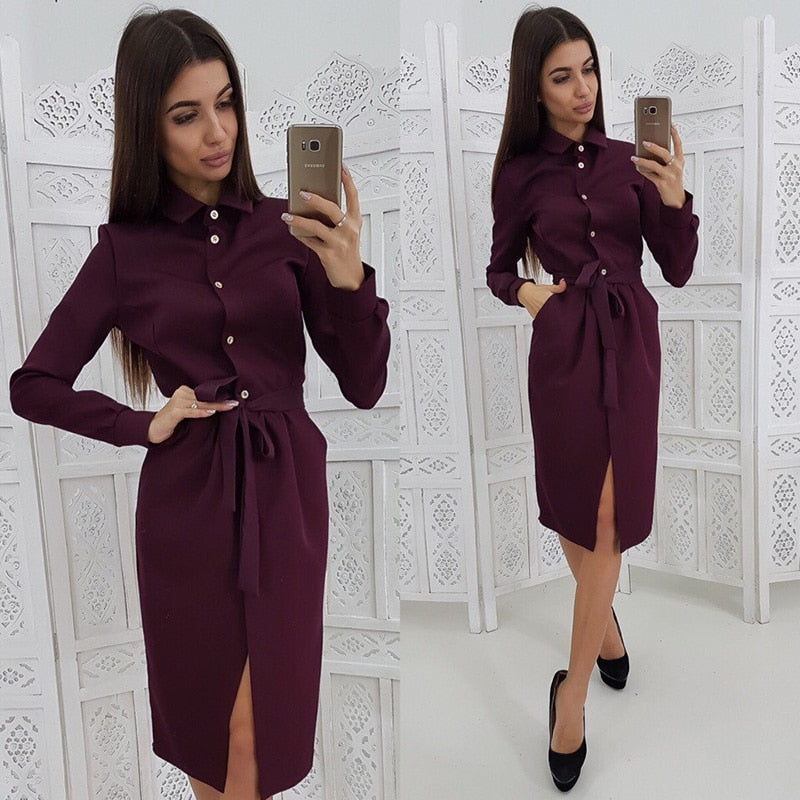 Vintage Button Front Long Sleeve Turn-Down Collar Solid Office Shirt Dress w/ Sash Belt