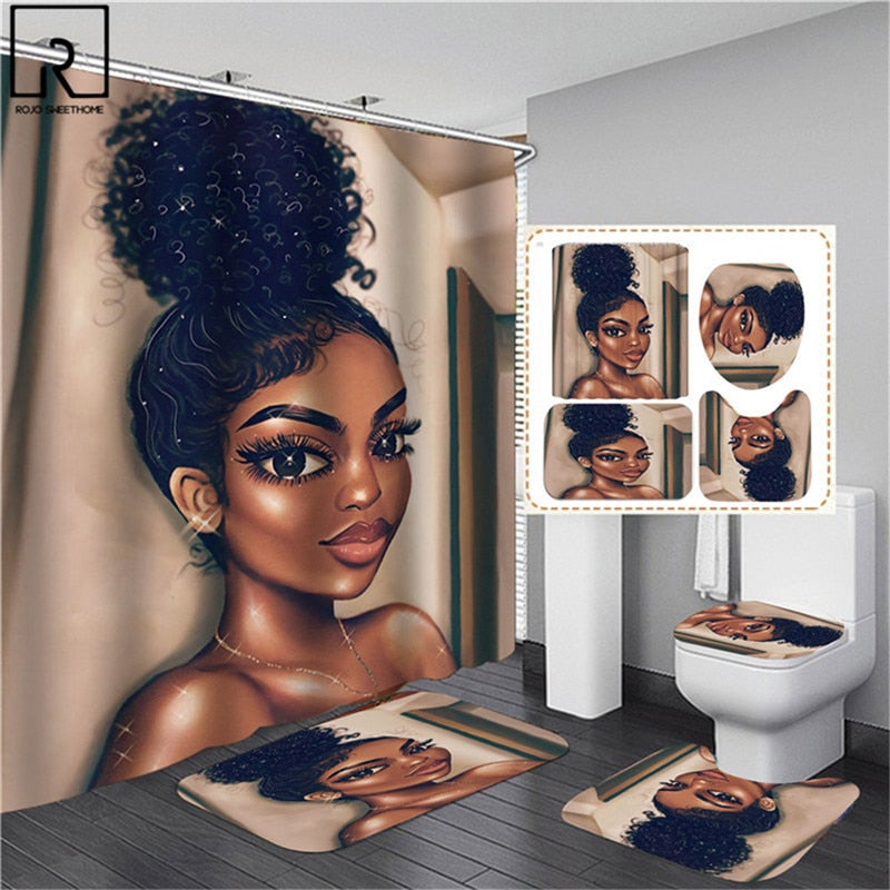 Black Woman Printed Shower Curtain w/ 12 Hooks Bathroom Bath Mat Set Toilet Cover 1/3/4 PCS