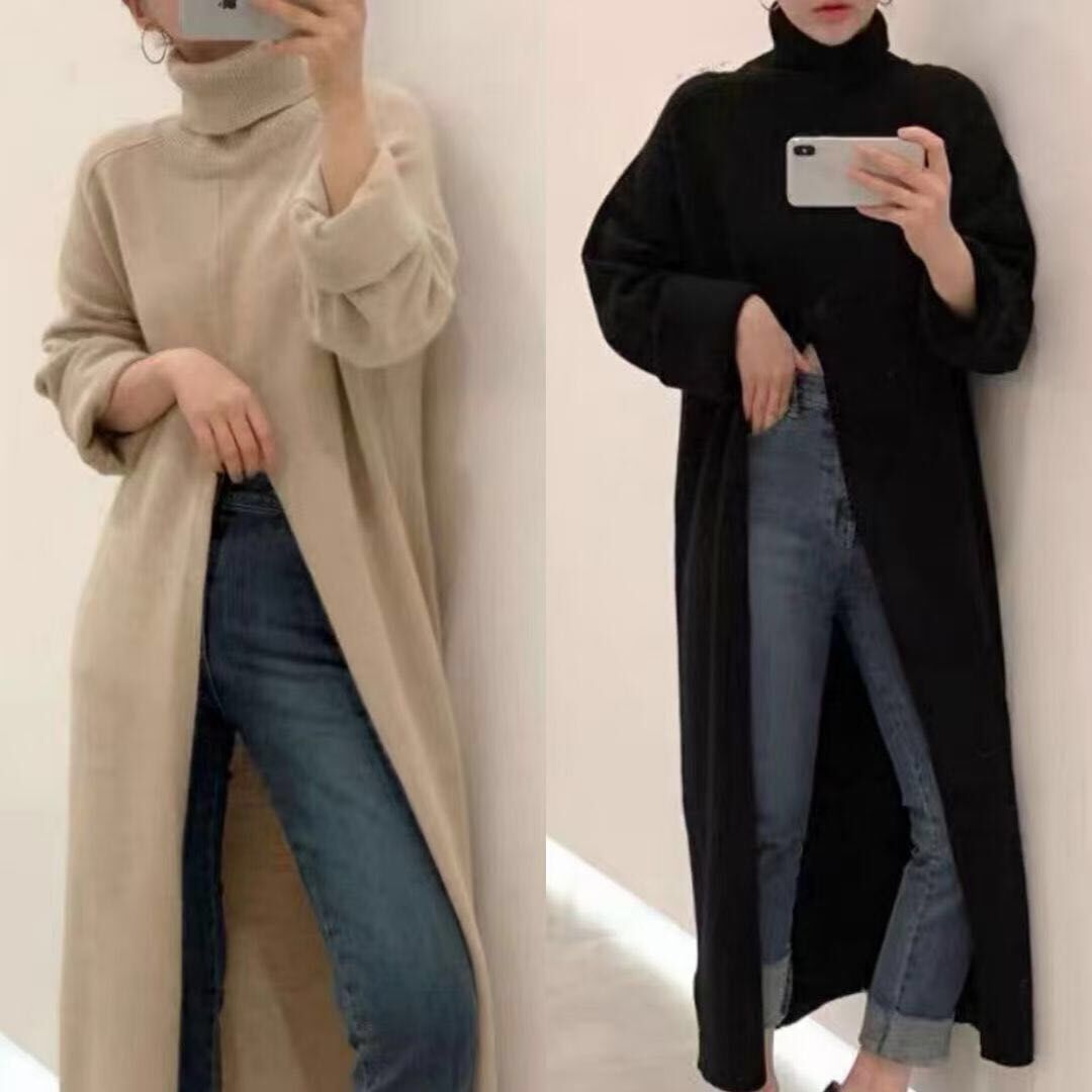 Turtleneck Long Side Split Ladies Maxi Sweater