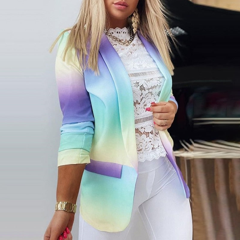 Ombre Rainbow Gradient Colorblock Women's Office Blazer Jacket