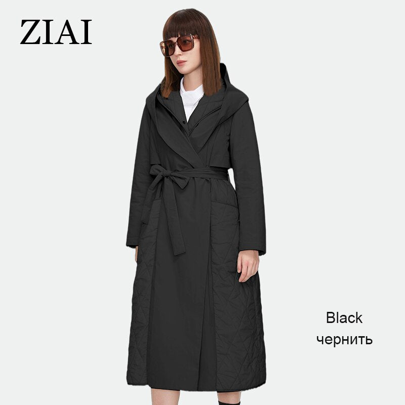 Quilted Long Thin Cotton Trench Coat Hooded Belt Windbreaker Trench Coat