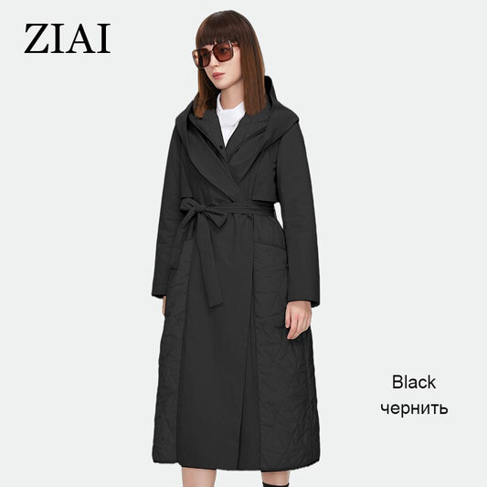 Quilted Long Thin Cotton Trench Coat Hooded Belt Windbreaker Trench Coat