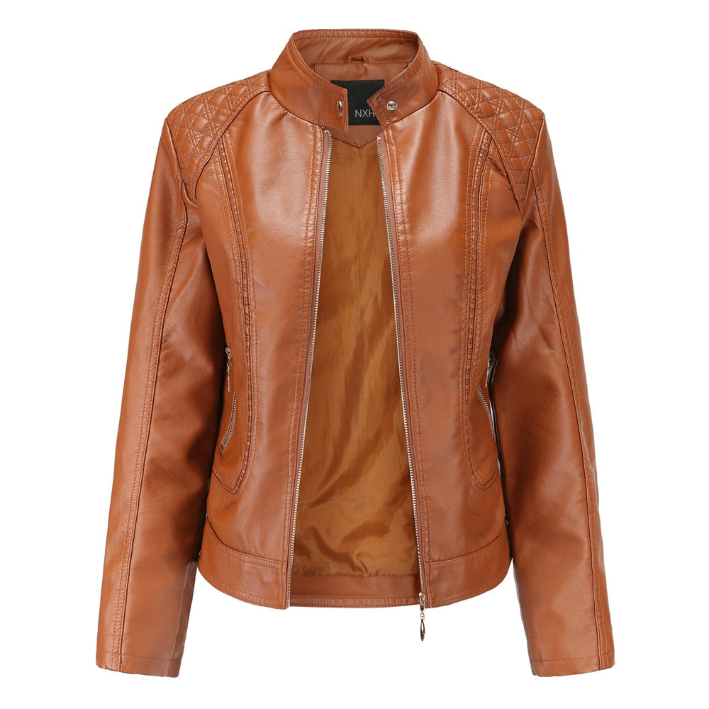 Solid Zipper Women's PU Leather Mandarin Collar Motorcycle Biker Jacket