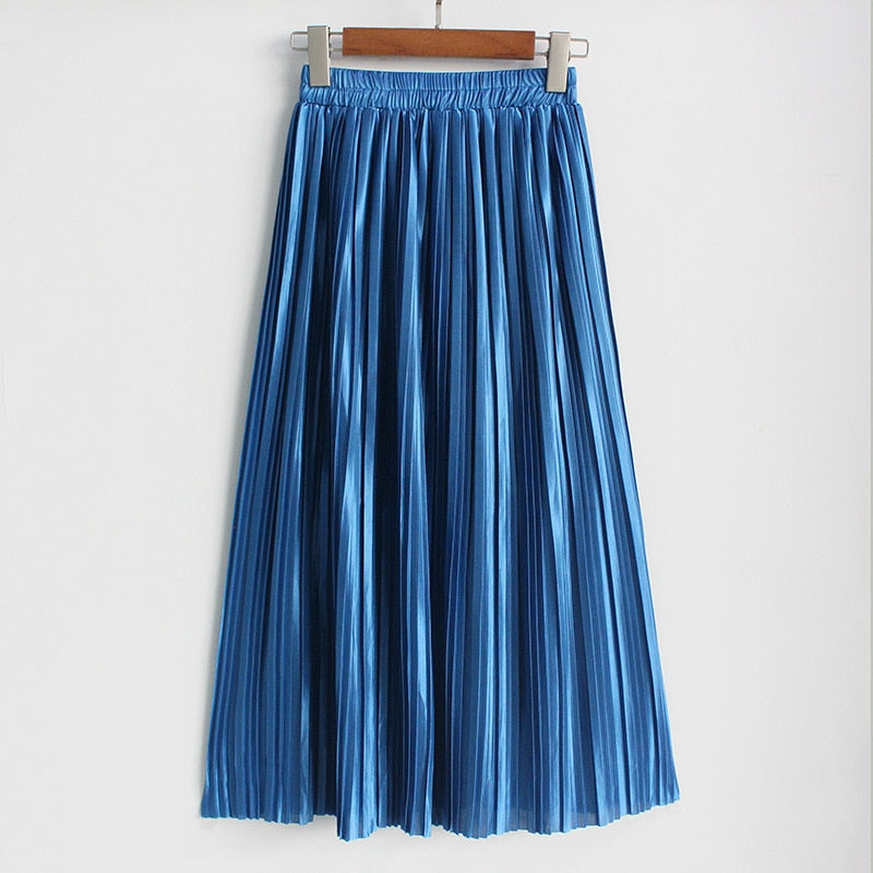 Satin Loose Pleated Solid Color High Waisted Maxi Skirt