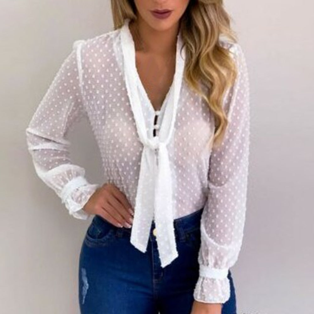 Chiffon Polka Dot Print Bowtie Front Women's Long Sleeve Blouse