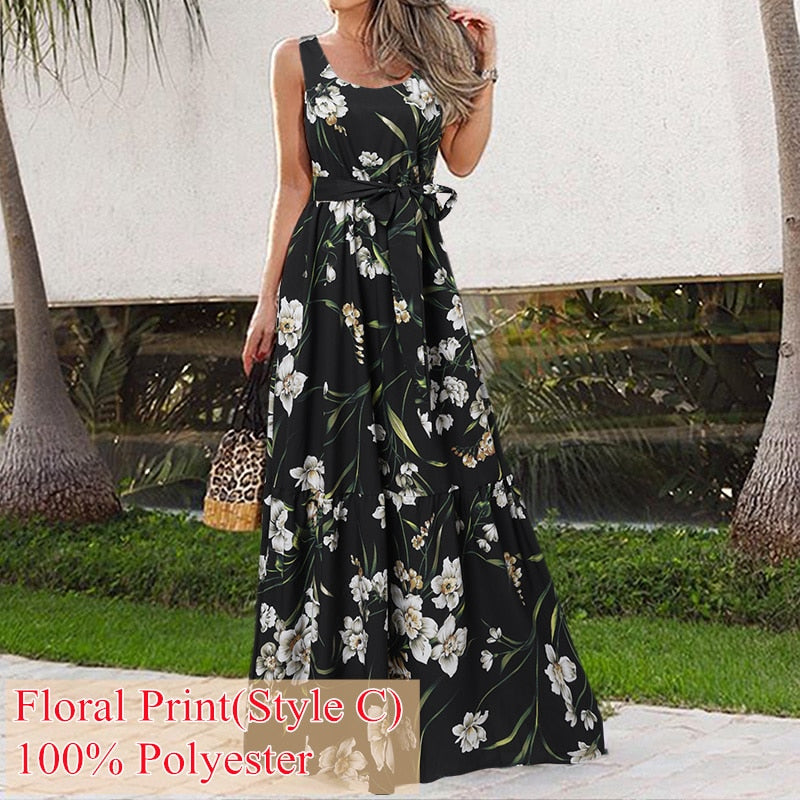 Bohemian Floral Print Ruffled Sleeveless Maxi Sundress to 5X Plus Size