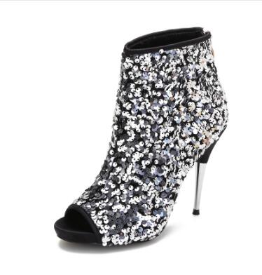 Peep Toe Stiletto Sequined Platform Ankle Boots