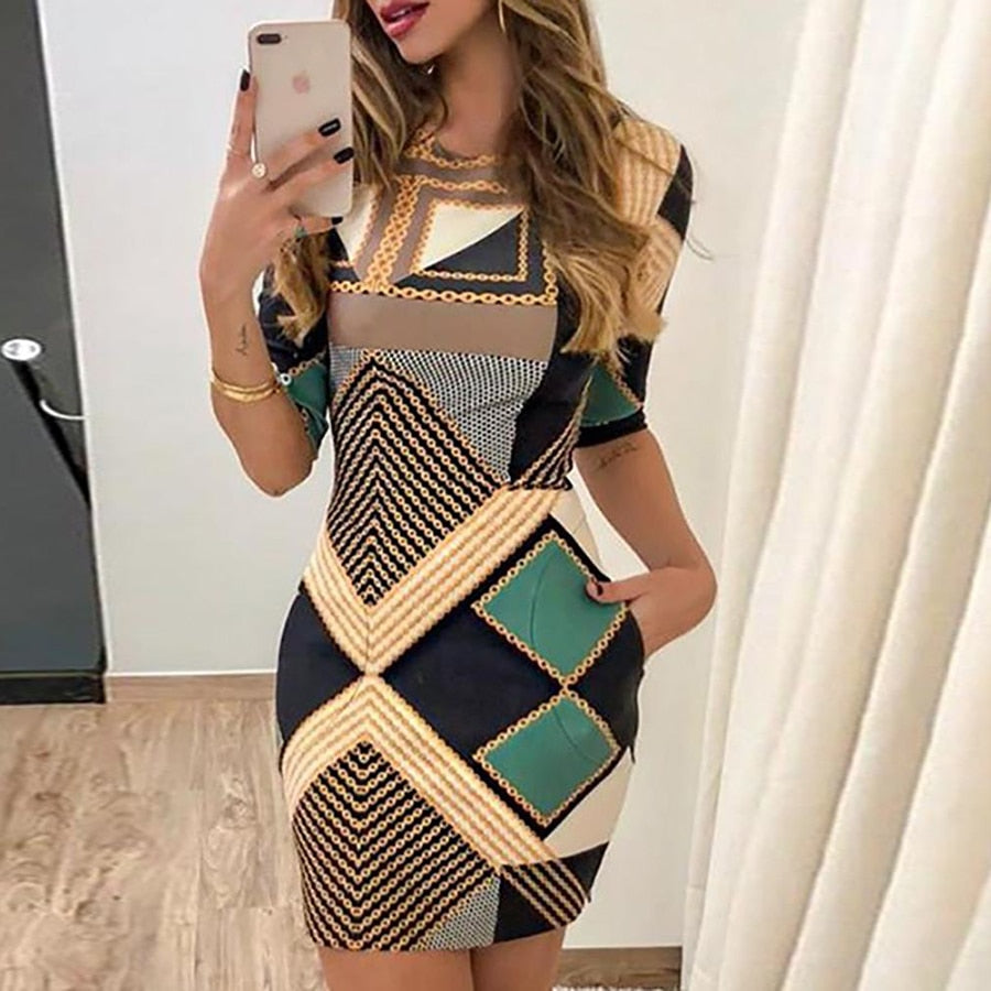 Geometric Pattern O Neck Office Dress