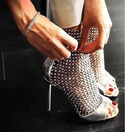 Gladiator Crystal Peep Toe Rhinestone Bling Mesh Ankle Boots