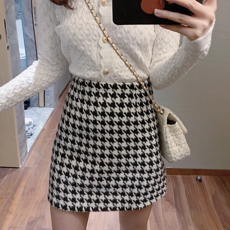 Preppy Style Houndstooth Plaid Black/White Ladies High Waist Mini Skirts