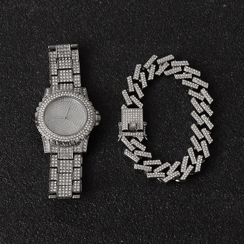 3-Piece Hip Hop Jewelry Sets: Bling Iced Out Miami Zircon Cuban Prong Pave Rhinestone Chain + Watch+ Bracelet