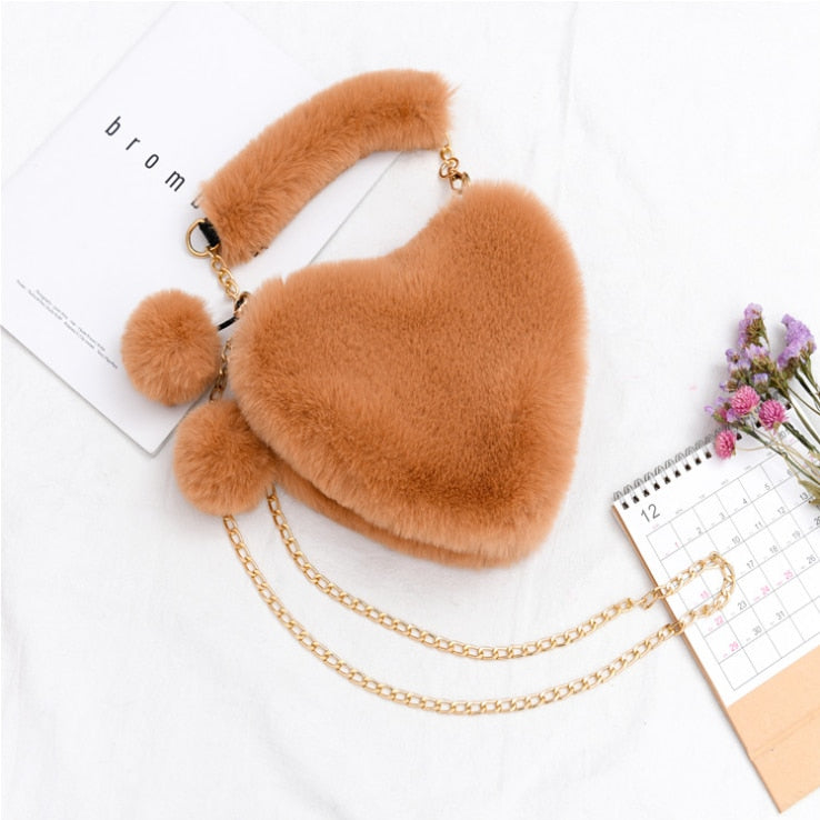 Faux Fur Heart Shaped Shoulder Clutch Purse Love Messenger Bag