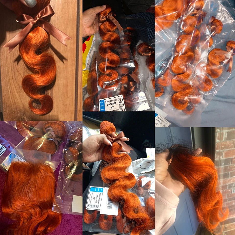 Body Wave Human Hair Bundles w/ Closure Blonde Orange Bundles With Frontal 3/4 Bundles With Closure Brazilian Hair