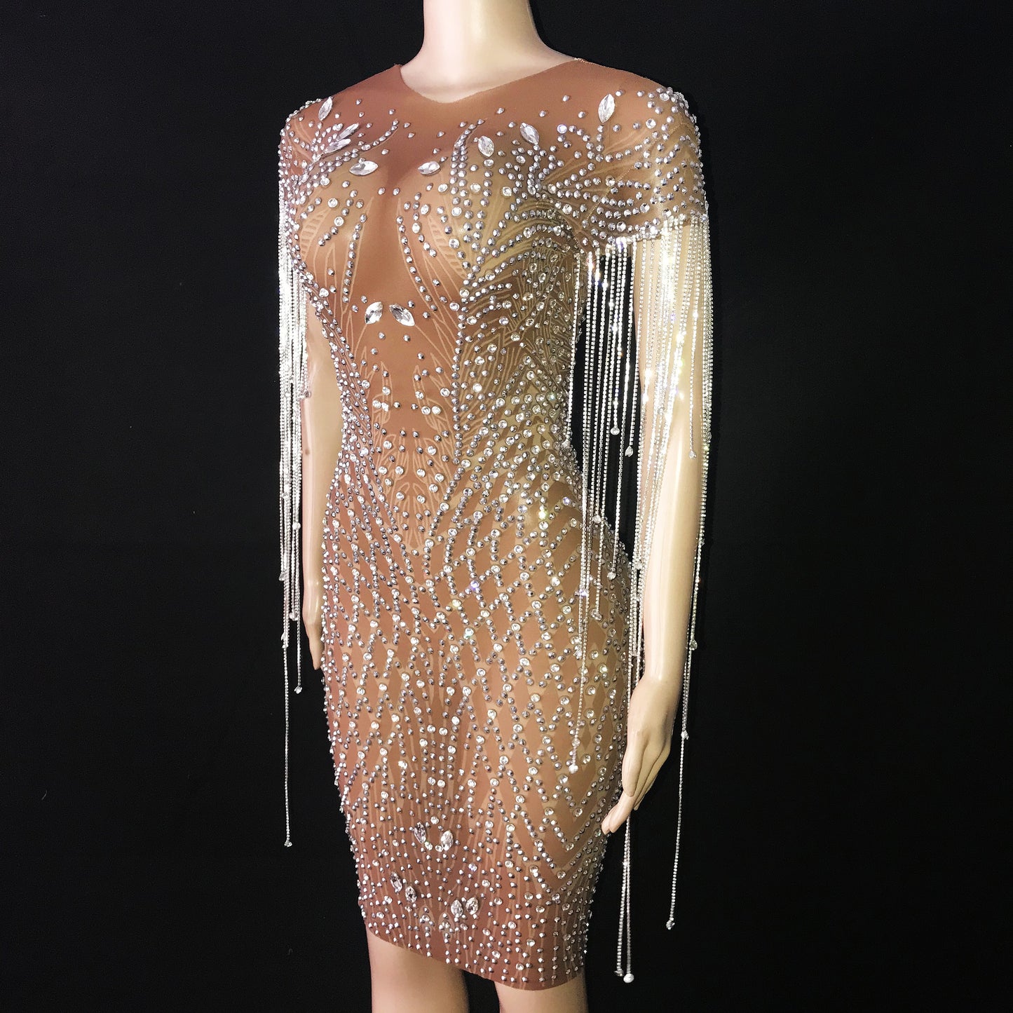 Crystal Chain Rhinestones Dress Party Costume Fringe Dress