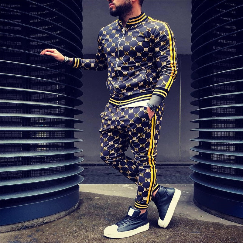 Men's Plaid/Geometric O-Neck Printed Zipper Jacket Tracksuits