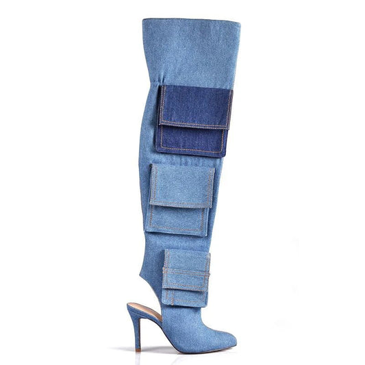 Denim Colorblock Thigh High Cargo Pocket Over-the-Knee Cowgirl Pointed Toe Boots