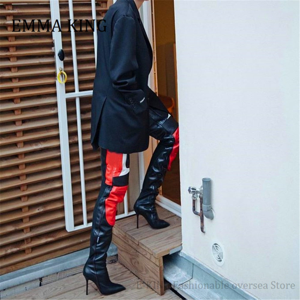 Runway Patchwork Women Over the Knee Pointed Toe Knight Boots