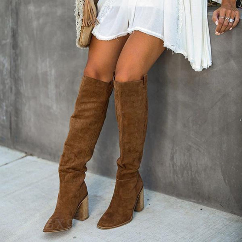 Suede Ladies Solid Pointed Toe Square Heel Knee High Boots