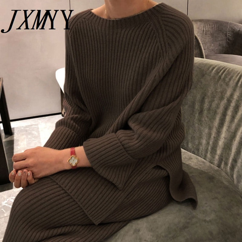 Knitted Pullover Sweater  + High Waist Loose Wide Leg Pants 2-Piece Set