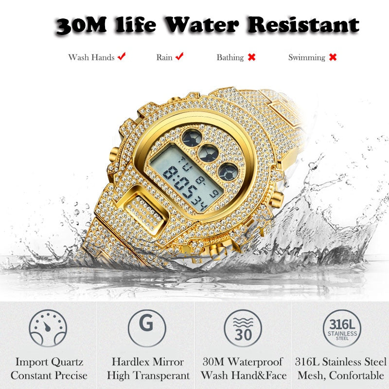 Multi-Function G Style Shock Digital Mens Watches Top Luxury Brand LED 18K Gold Plated Iced Out Watch