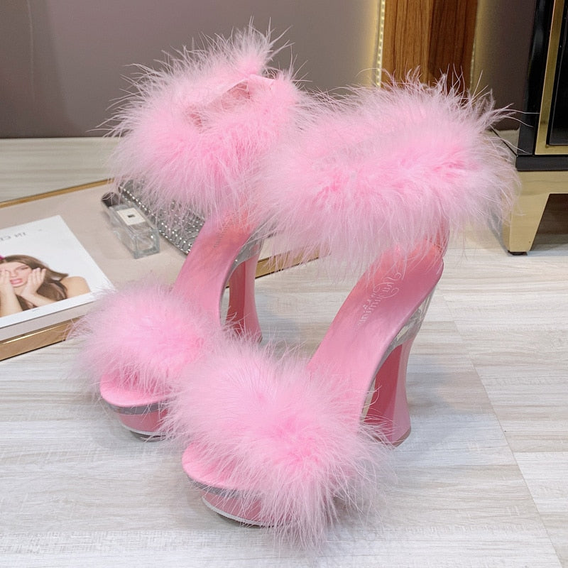 Feather Double Strap Thick Platform Open Toe Sandals