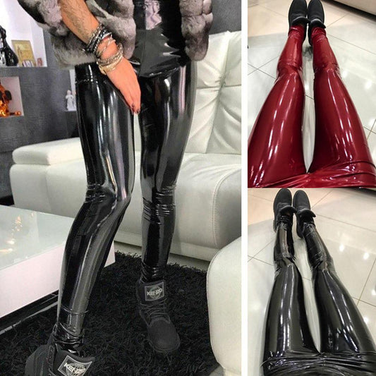 Shiny Elastic Stretch Skinny Pants Women High Waist Push Up Leather Black Leggings Jeggings