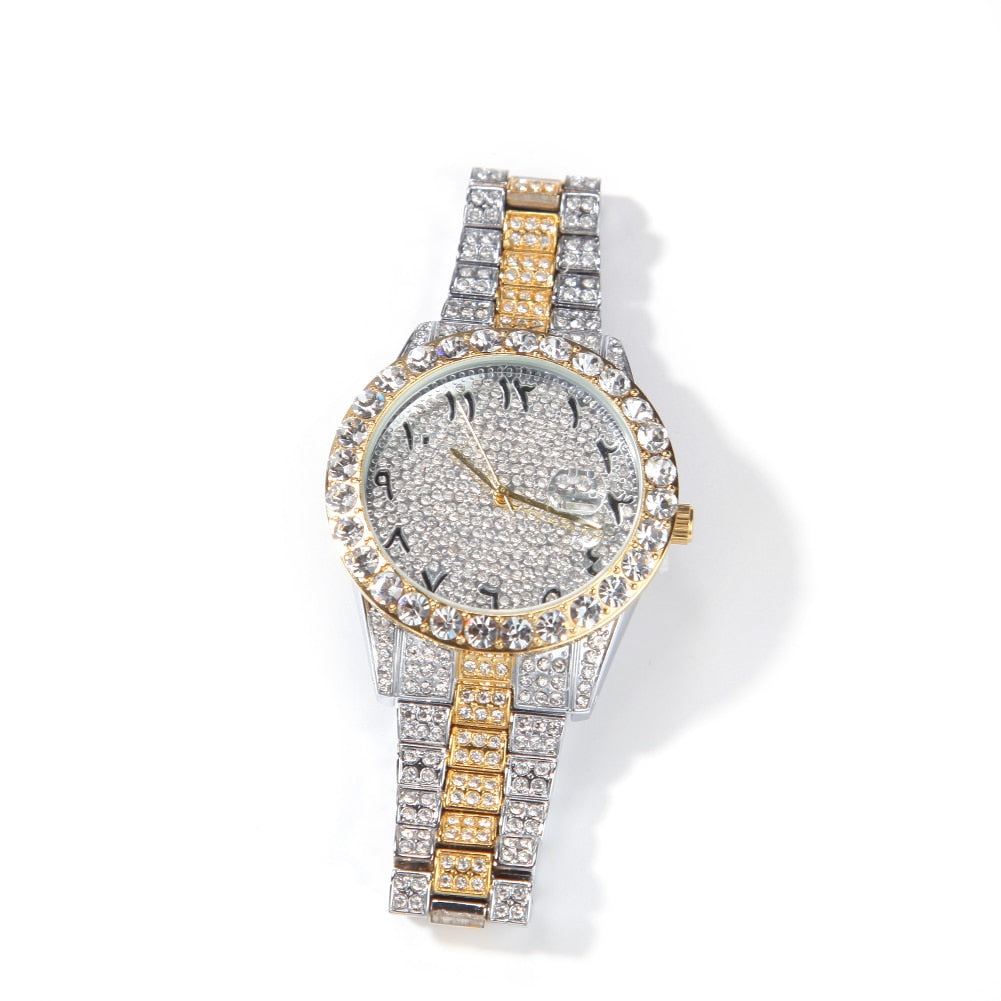 Rhinestone Geometric Hip-Hop Big Dial Full Iced Out Arabic Numerical Stainless Steel Quartz Watch