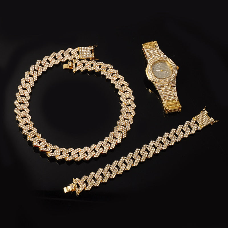 Hip-Hop Iced Rhinestone Prong Cuban Chain CZ Bling Chain + Bracelet + Watch 2-Piece & 3-Piece Jewelry Sets