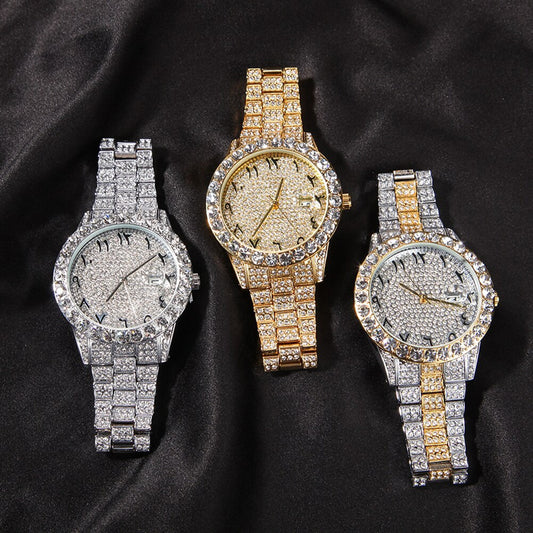 Rhinestone Geometric Hip-Hop Big Dial Full Iced Out Arabic Numerical Stainless Steel Quartz Watch