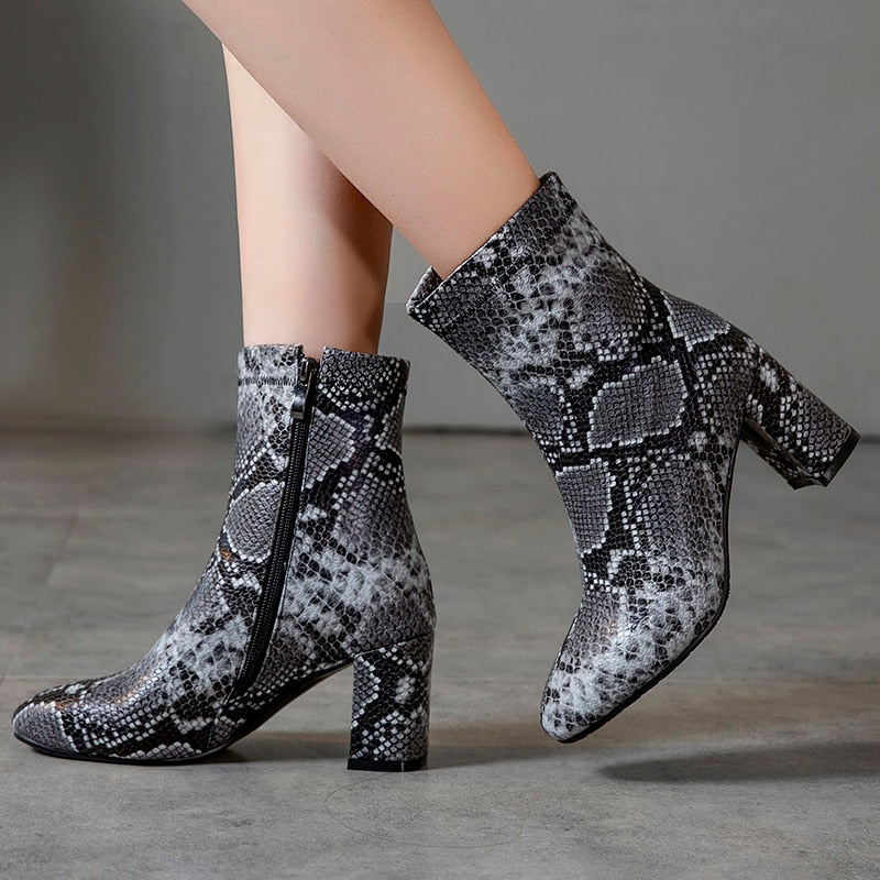 Snake Print Square Heel Ladies Ankle Boots