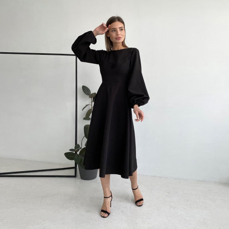 Backless Lantern Sleeve O-Neck Fold A-Line Dress