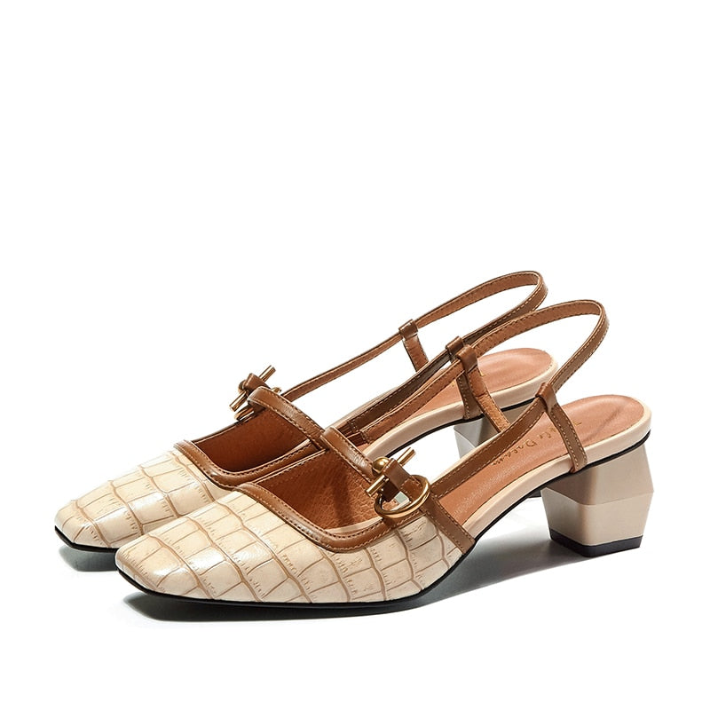 Croc Pattern Slingback Mary Jane Leather Square Toe Buckle Strap Sandals