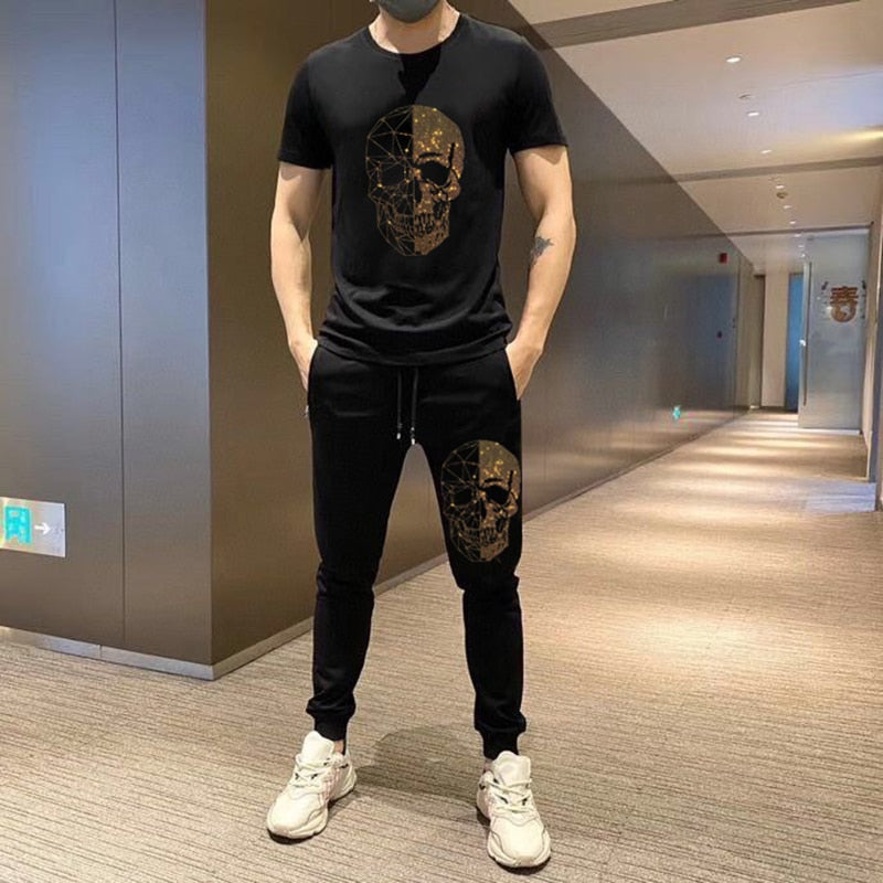 Men's Rhinestone Skull Head Short Sleeve T-Shirt Pure Cotton O-Neck Top & Sweatpants 2-Piece  Set