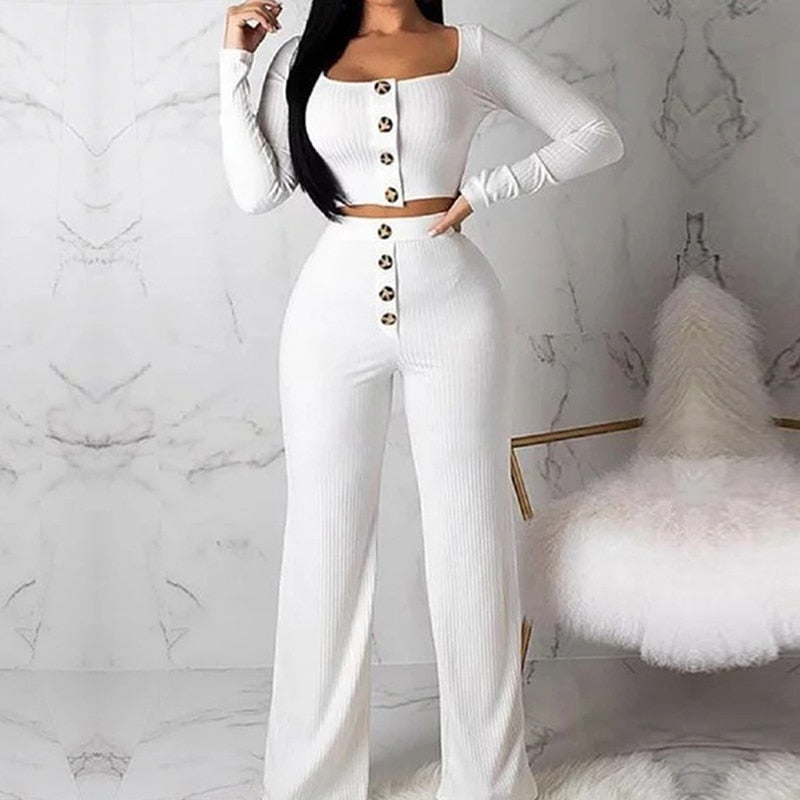 Knitted Strapless Ribbed Solid Color Button Front Long Sleeve Crop Cardigan Top + Button Front Pants 2-Piece Sets