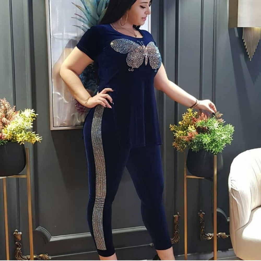 Velvet Metallic Butterfly Embroidered Short Sleeve Top & Side Striped Skinny Pants 2-Piece Set to 3X Plus Size