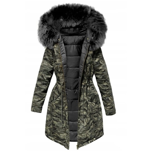 Hooded Batwing Sleeve Faux Fur Denim Jean or 3/4 Length Camouflage Women's Jackets/Coats