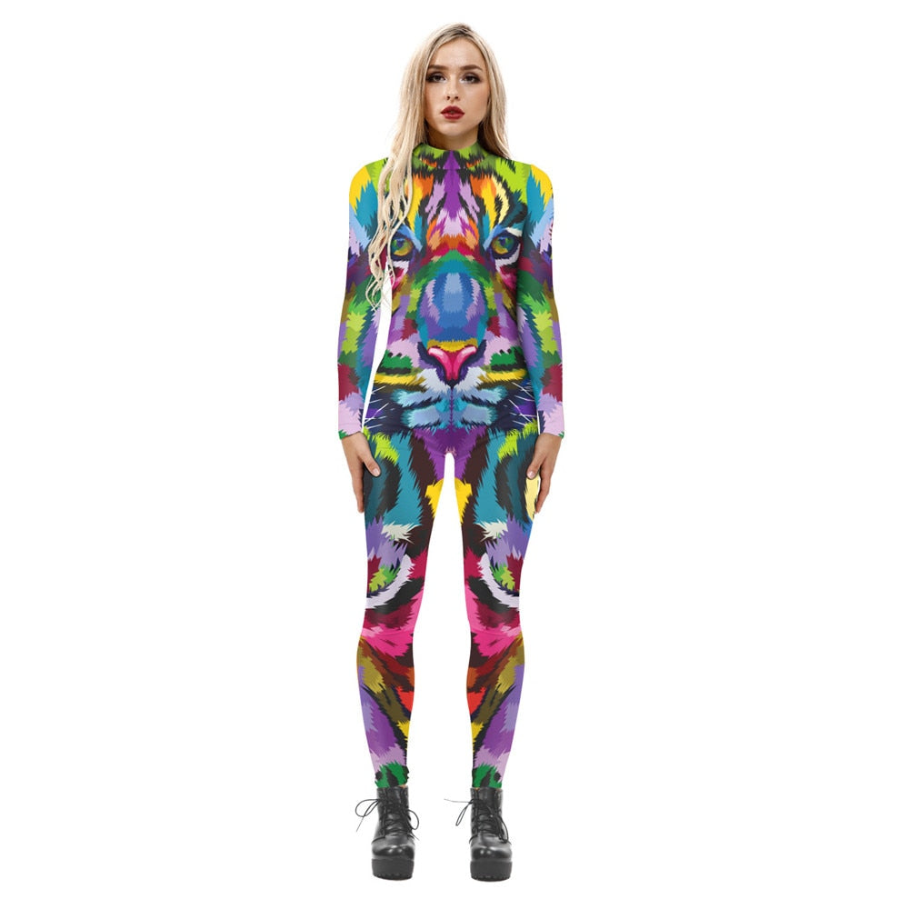 Rainbow Color 3D Tiger Print Long Sleeve Women's Skinny Jumpsuit