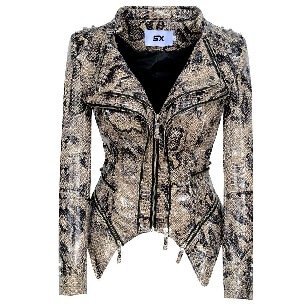 Snake Print Motorcycle Faux PU Leather Ladies Jacket