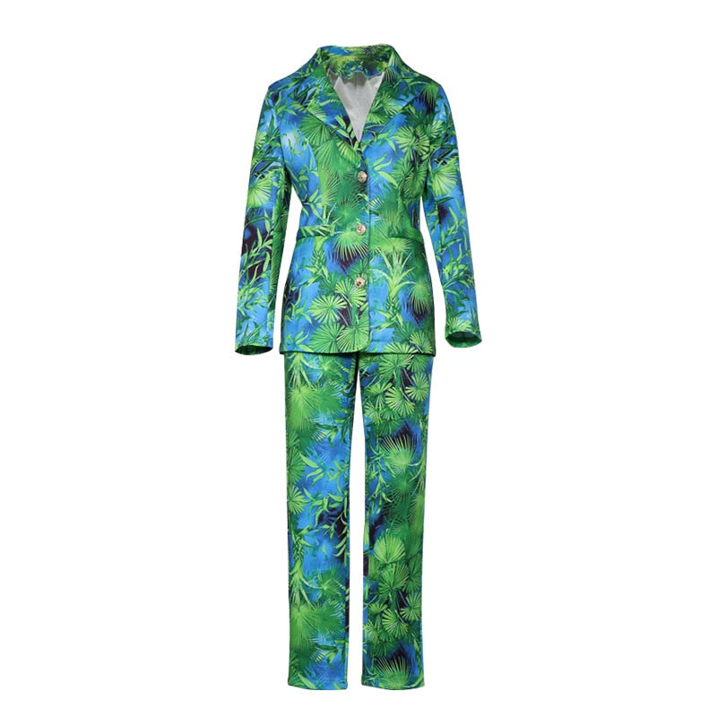 Multi-Colored Floral/ Leaf Print Single Breasted Women's Blazer & Matching Pants 2-Piece Suit