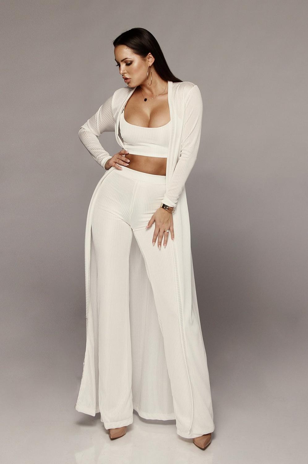 Bandage Solid Long Sleeve Maxi Cardigan, Loose Wide Leg Pants & Cropped Tank Top 3-Piece Set