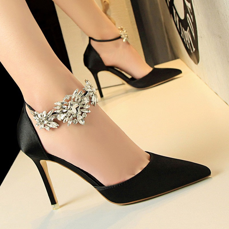 Satin Rhinestone Ankle Pendant Stiletto Silk Sandal Pumps