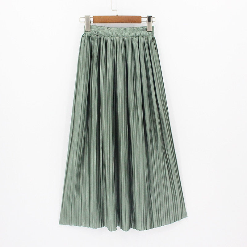 Satin Loose Pleated Solid Color High Waisted Maxi Skirt