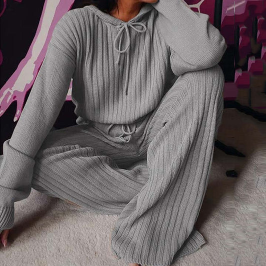 Knitted Hooded Pajama Set Pajama  Long Sleeve Loungewear Set